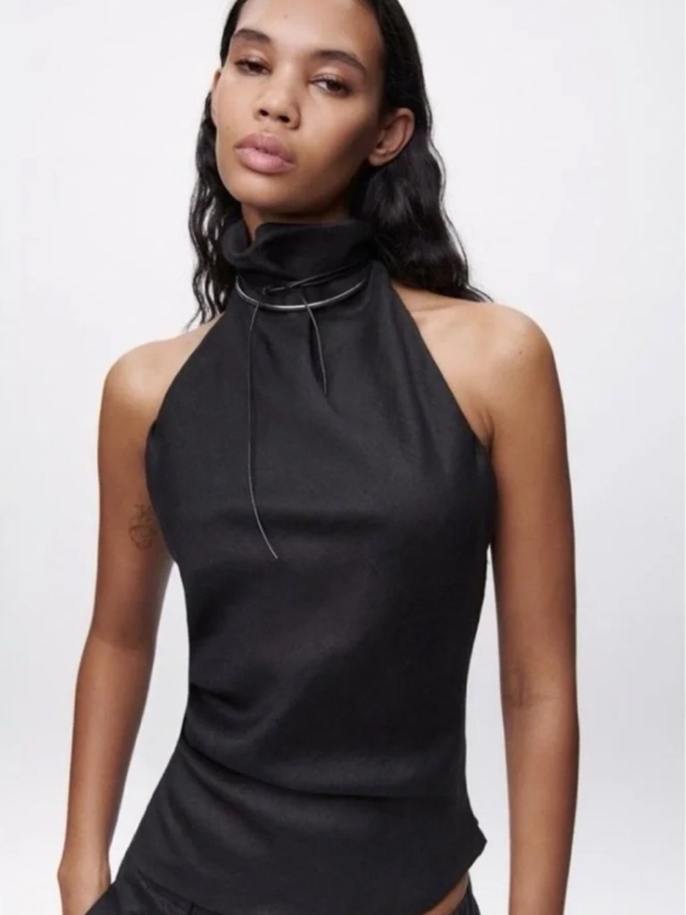 Zara Asymmetrical Hem 100% Linen Halter Top In Black Size Large NWT